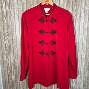 Plus Size Red Black Classic Holiday Button Down Blouse Top